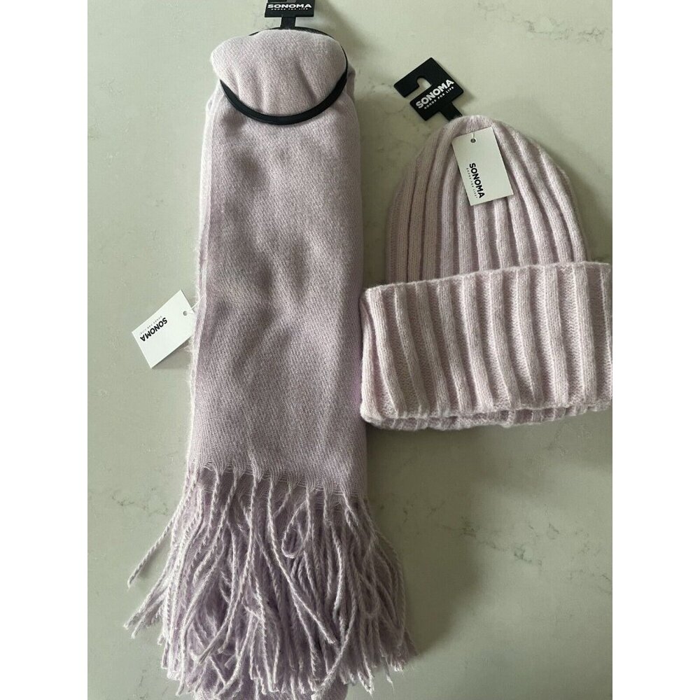 SONOMA GOODS FOR LIFE Ribbed Beanie Hat & Oblong Scarf Set Lilac Purple Cozy NWT